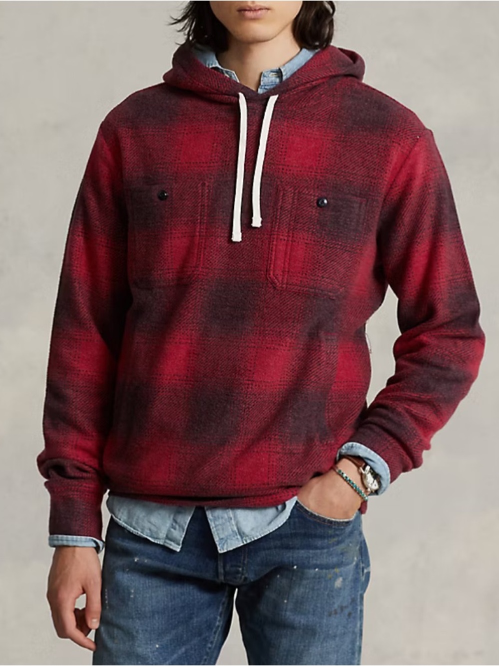 Polo Ralph Lauren Red Plaid Brushed Back Fleece Hoodie